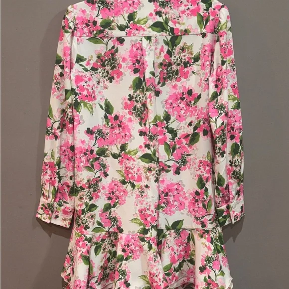Tuckernuck Callahan Shirtdress Small Pink Hydrangea Ruffle Hem Floral - Small - Picture 4 of 9